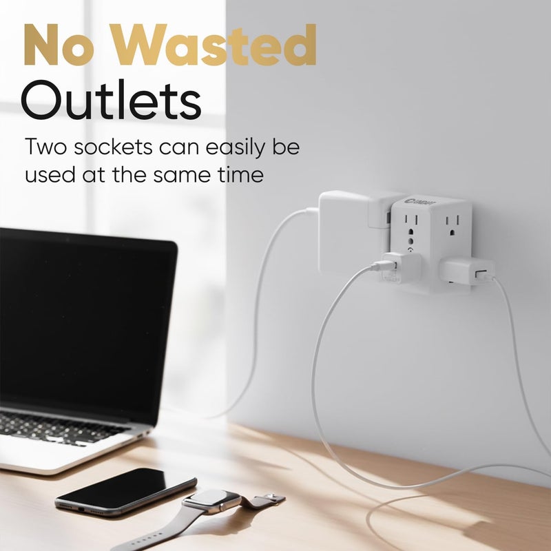 Unidapt 6 Outlet Wall Plug Extender 1-Pack, Surge Protector Power Strip 900J with 3-Sided Wide-Spaced Outlets, Multiple Charger Expander, Mountable Wall Tap for Home, Office & Travel - Image 3